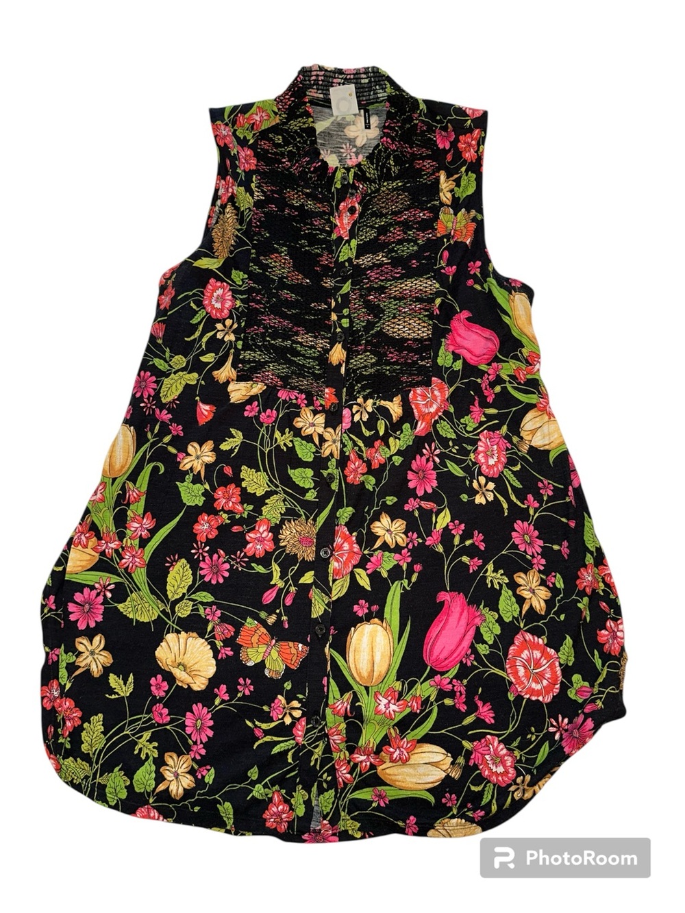 Anthropologie Black Floral Button Front Tunic - Large